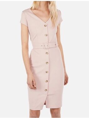 Express Blush Pink Button-Front Belted Midi Dress